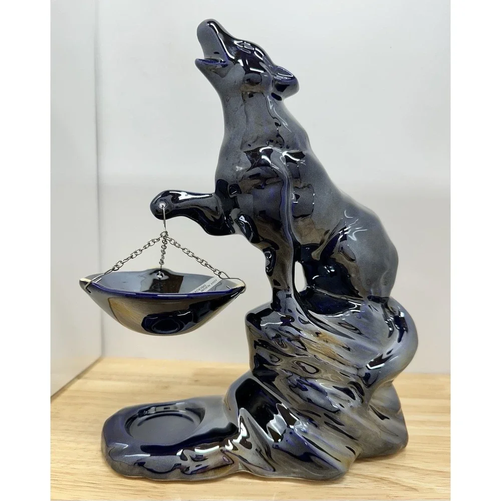 Ceramic Howling Wolf Metallic Iridescent Cobalt Blue Poland Candle Oil Warmer